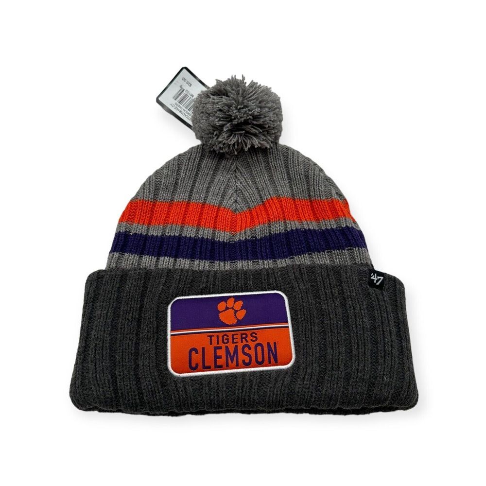'47 Clemson Tigers Beanie Gray Stack Striped Patch Knit Cuff Hat Cap Pom